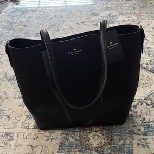 kate spade black leather tote with gold logo